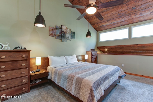 bedroom with carpet floors, ceiling fan, wooden ceiling, and vaulted ceiling