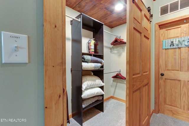 spacious closet featuring light carpet and a barn door