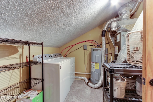 clothes washing area with a textured ceiling, carpet floors, water heater, and washing machine and clothes dryer