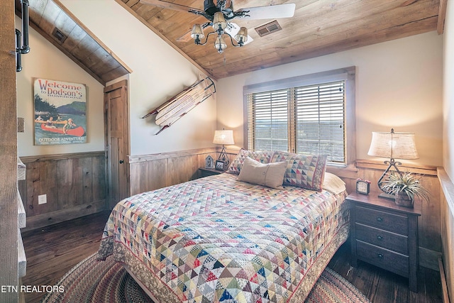 bedroom with wood ceiling, lofted ceiling, dark hardwood / wood-style flooring, ceiling fan, and wood walls