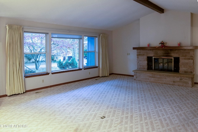 unfurnished living room with lofted ceiling with beams and light colored carpet