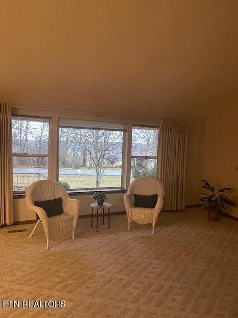 sitting room with carpet floors and a water view