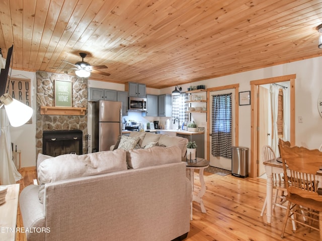 living room with wood ceiling, light hardwood / wood-style flooring, sink, a fireplace, and ceiling fan