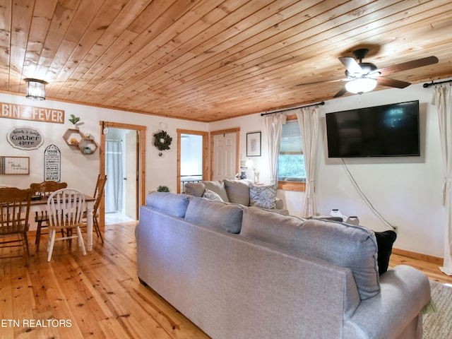 living room with light hardwood / wood-style floors, wooden ceiling, and ceiling fan