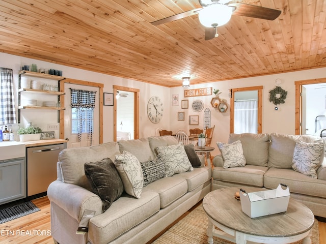 living room with wood ceiling, light hardwood / wood-style flooring, and ceiling fan