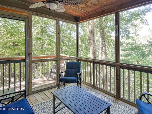 sunroom with wood ceiling and ceiling fan