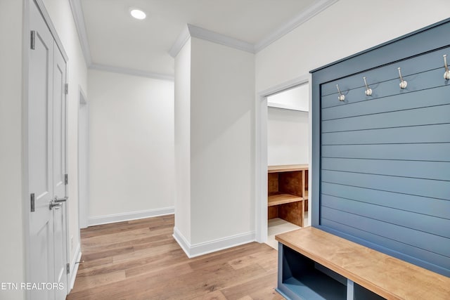 mudroom featuring crown molding and light wood-type flooring