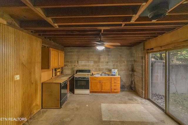 basement with sink and ceiling fan