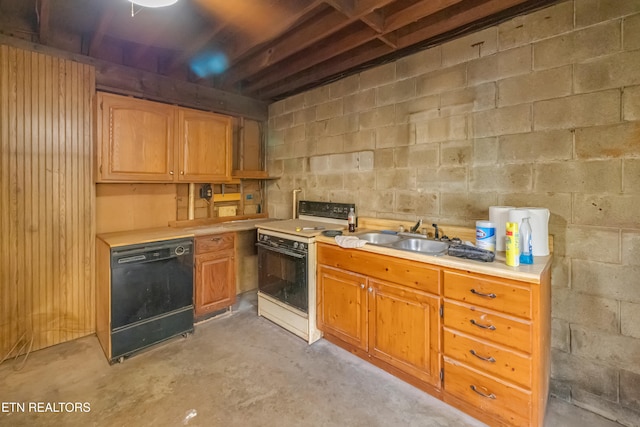 kitchen featuring black dishwasher, white stove, and sink