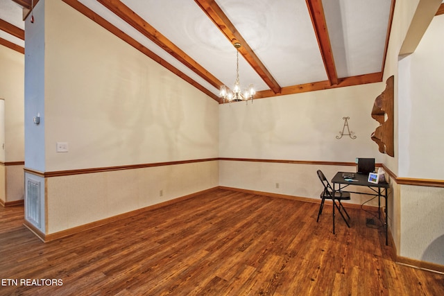 unfurnished office with dark wood-type flooring, a chandelier, and lofted ceiling with beams