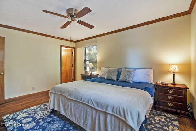 bedroom featuring ceiling fan, crown molding, and dark hardwood / wood-style flooring