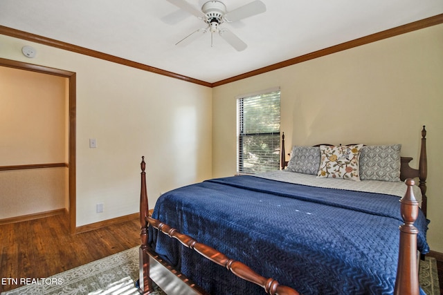 bedroom with ceiling fan, crown molding, and dark hardwood / wood-style floors