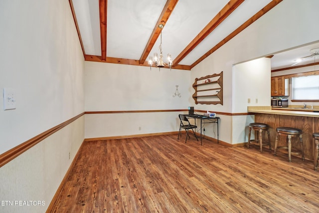 110 Trafalgar Dr, Fairfield Glade, TN 38558 - interior space featuring wood-type flooring, a sink, a chandelier, and vaulted ceiling with beams