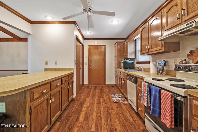 110 Trafalgar Dr, Fairfield Glade, TN 38558 - kitchen with ornamental molding, white electric range, light countertops, a sink, and dishwasher