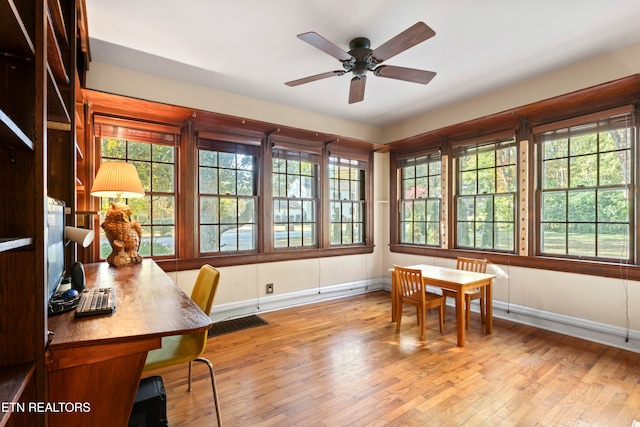 office area featuring ceiling fan and light hardwood / wood-style flooring