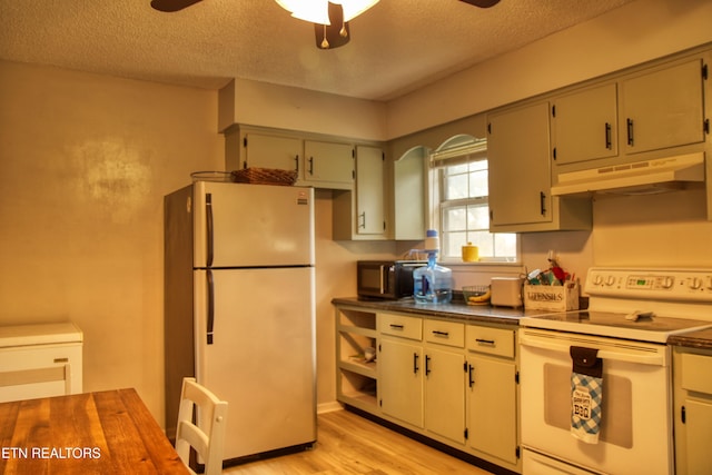 kitchen with ceiling fan, white electric stove, light hardwood / wood-style flooring, and stainless steel fridge