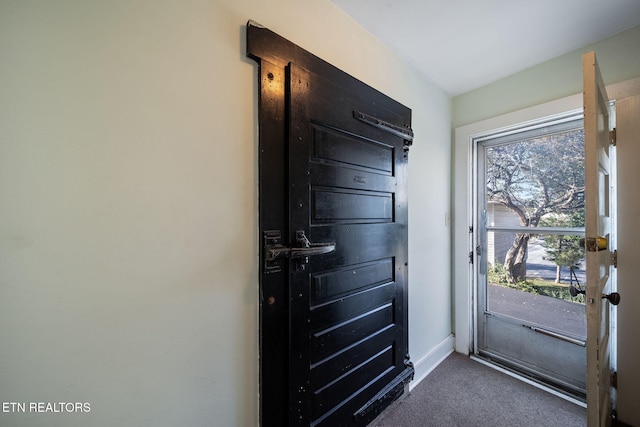 doorway to outside with dark carpet