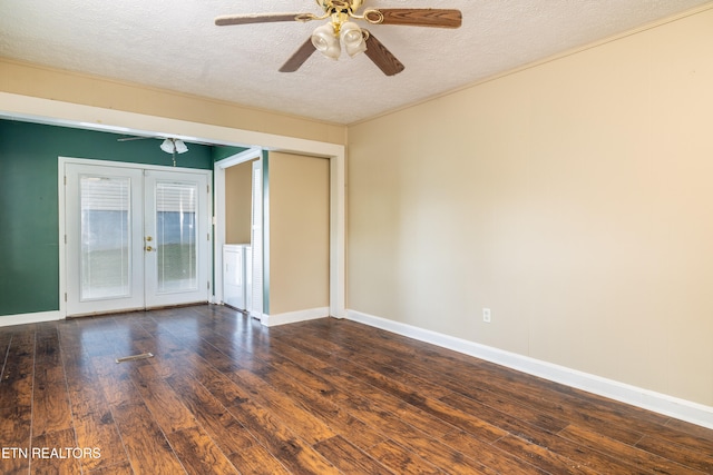 unfurnished room with french doors, ceiling fan, a textured ceiling, and dark hardwood / wood-style flooring