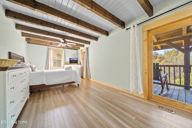 unfurnished bedroom featuring access to exterior, beam ceiling, light wood-type flooring, and wood ceiling