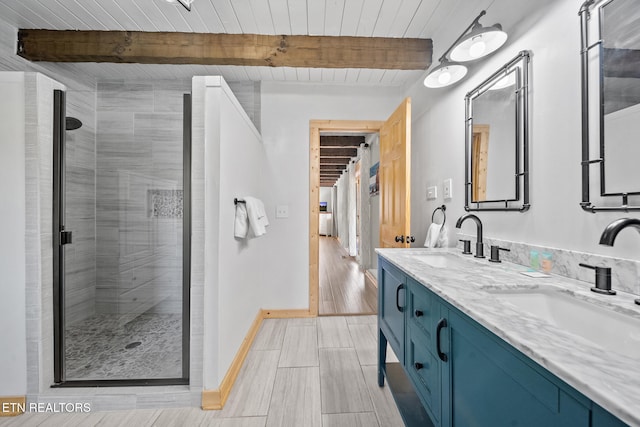 bathroom with wooden ceiling, beamed ceiling, vanity, and an enclosed shower