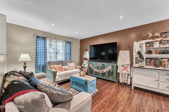 living room featuring dark hardwood / wood-style floors and a textured ceiling