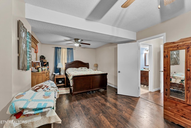 bedroom with ceiling fan, a textured ceiling, ensuite bathroom, and dark hardwood / wood-style floors