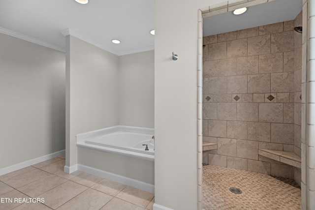 bathroom with ornamental molding, independent shower and bath, and tile patterned flooring