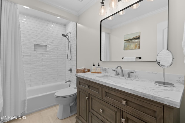 full bathroom with vanity, shower / tub combo, ornamental molding, and toilet