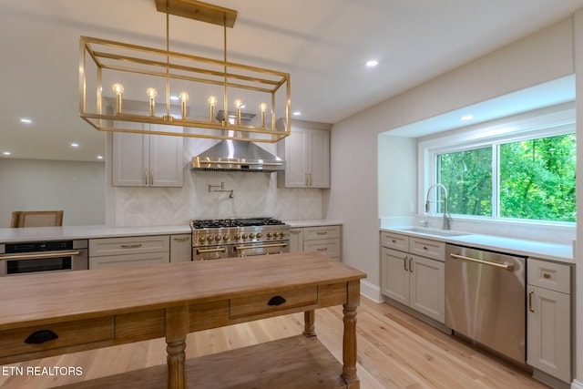 kitchen featuring appliances with stainless steel finishes, wall chimney range hood, a sink, decorative backsplash, and light countertops