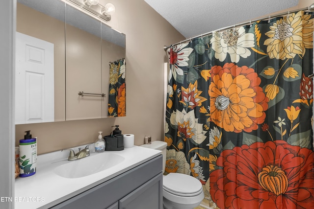 bathroom featuring toilet, a textured ceiling, vanity, and a shower with shower curtain