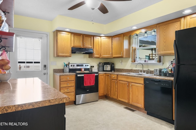 kitchen featuring black appliances, sink, and ceiling fan