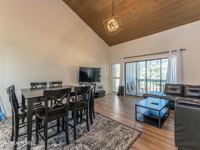 dining area featuring wooden ceiling, high vaulted ceiling, and wood-type flooring