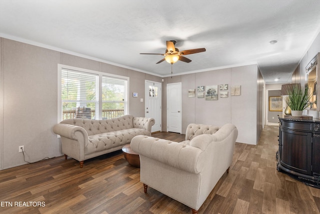 living room with ornamental molding, dark wood-type flooring, and ceiling fan