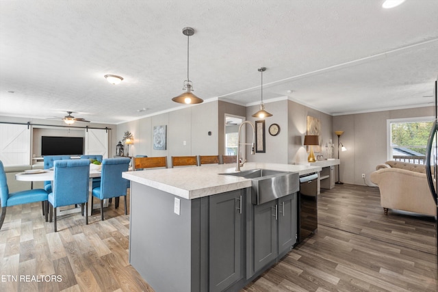 kitchen with dishwasher, a barn door, pendant lighting, gray cabinets, and a kitchen island with sink