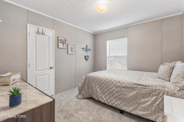 carpeted bedroom with crown molding and a textured ceiling