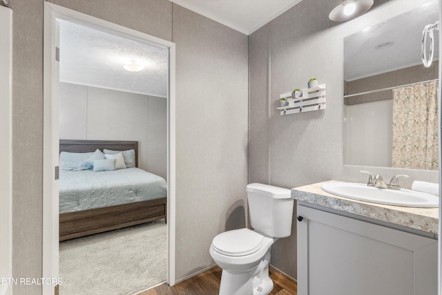 bathroom featuring vanity, hardwood / wood-style floors, curtained shower, and toilet