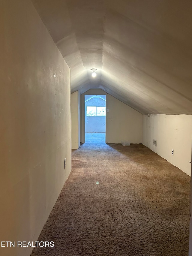 additional living space with vaulted ceiling and carpet floors