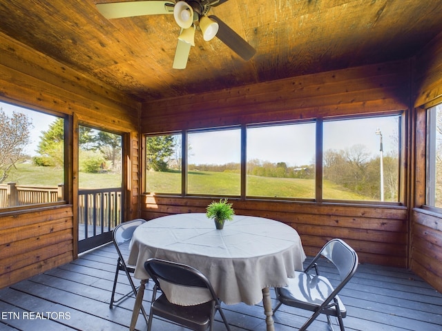 sunroom with wooden ceiling and ceiling fan