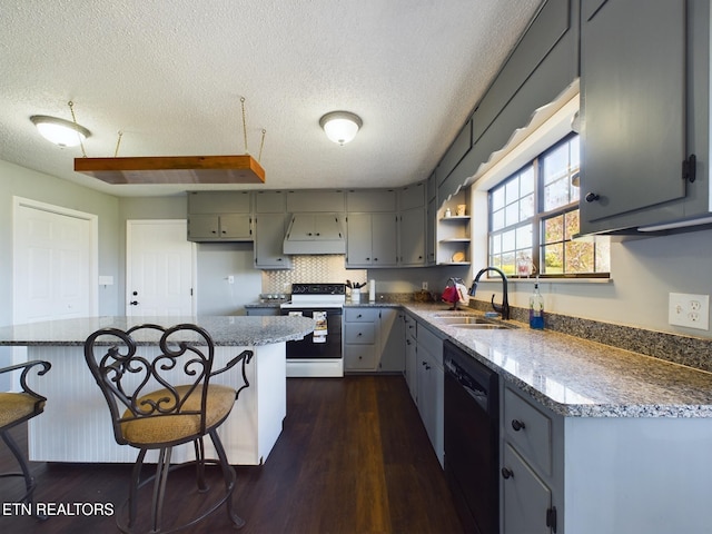 kitchen featuring black dishwasher, white range with electric stovetop, a textured ceiling, and sink