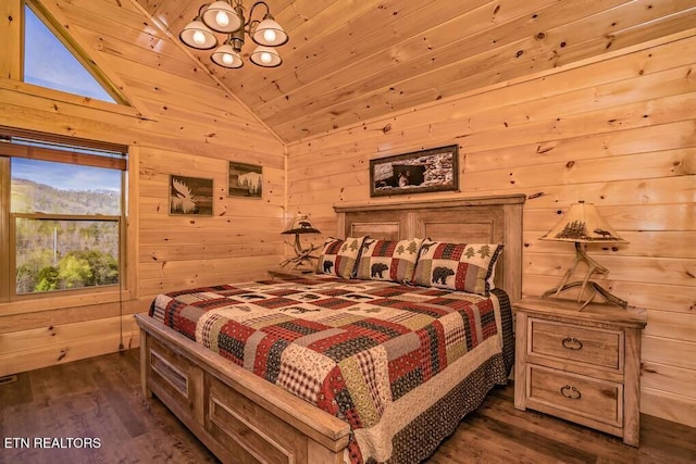 bedroom featuring dark wood-type flooring, high vaulted ceiling, wooden ceiling, and wood walls