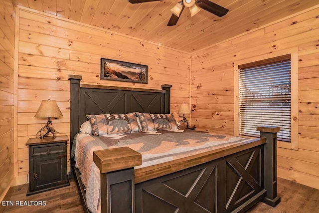 bedroom with wood walls, dark hardwood / wood-style floors, wood ceiling, and ceiling fan