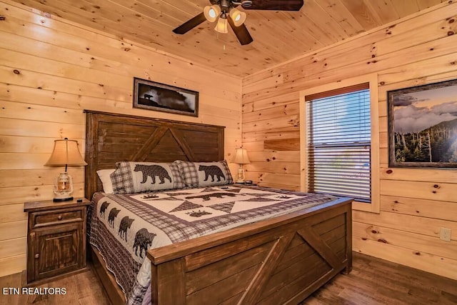 bedroom featuring wood walls, ceiling fan, wooden ceiling, and dark hardwood / wood-style flooring