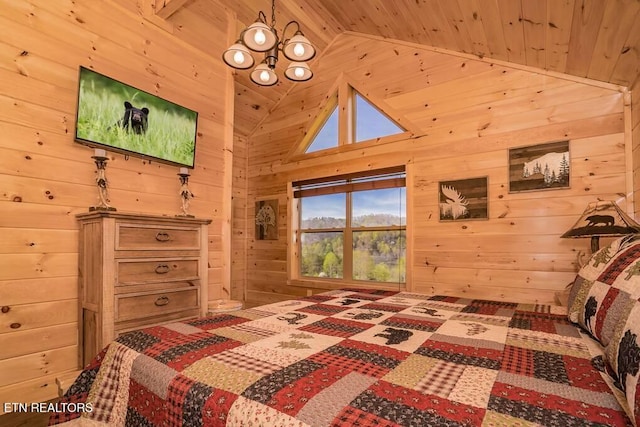 bedroom with wood ceiling, wood walls, and high vaulted ceiling