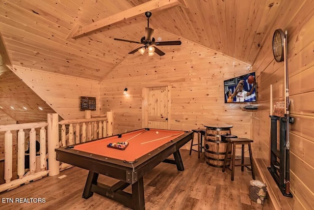 game room with hardwood / wood-style flooring, lofted ceiling with beams, wooden ceiling, and wooden walls