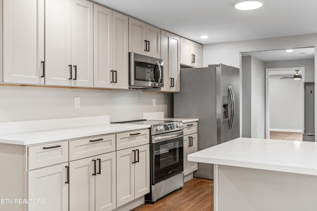 kitchen with ceiling fan, wood-type flooring, white cabinetry, and stainless steel appliances