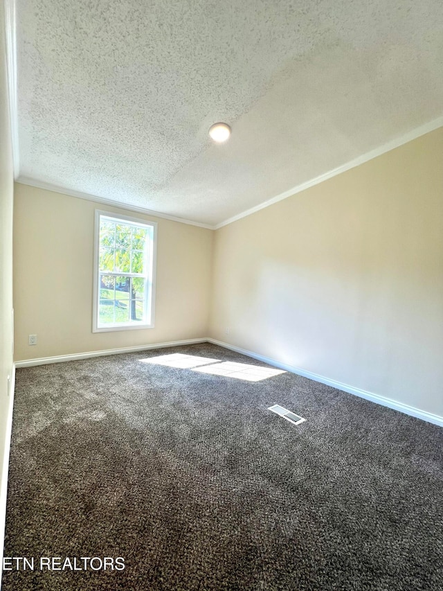 carpeted spare room with a textured ceiling and crown molding