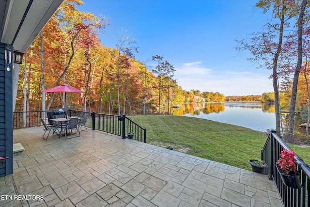 view of patio with a water view