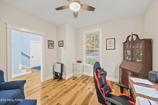 office area featuring light wood-type flooring and ceiling fan