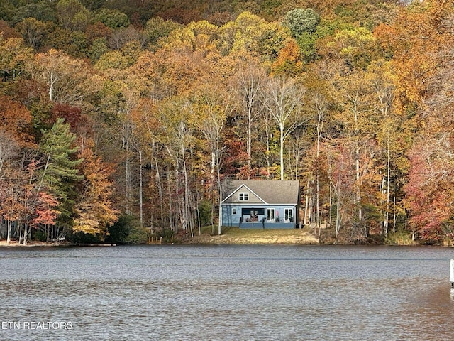 view of front of house with a water view