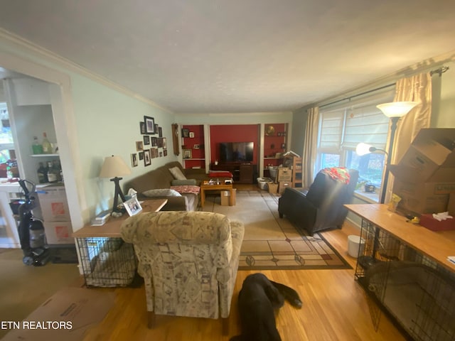 living room with ornamental molding and light hardwood / wood-style flooring